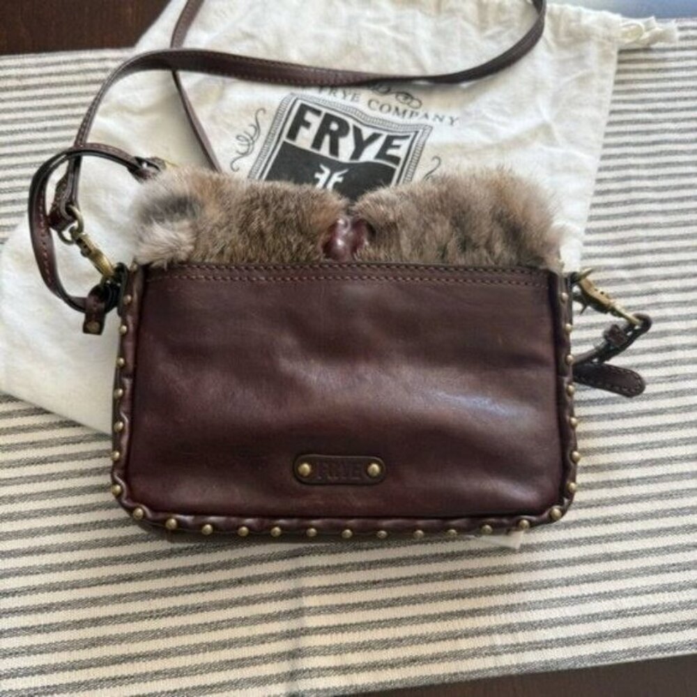 Frye Roxanne Rabbit Fur Genuine Leather Stud Studded Crossbody Bag Purse Brown • - Picture 12 of 12